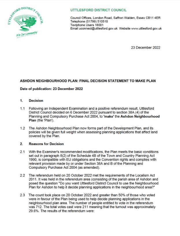Ashdon Neighbourhood Plan letter